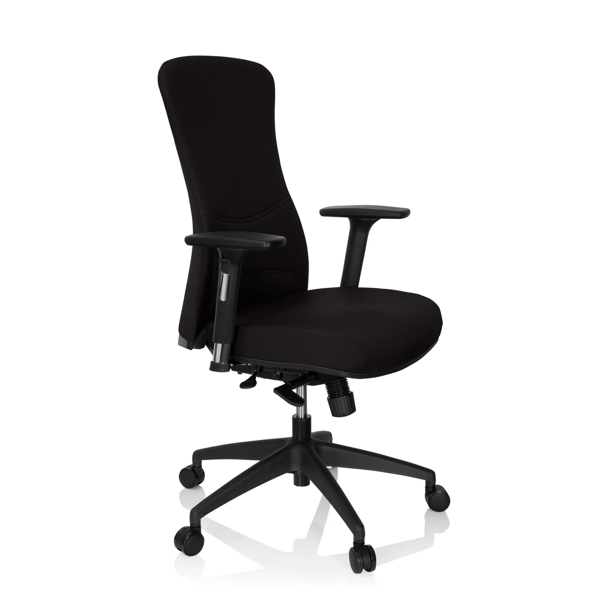 Silla de oficina profesional OFFICE XT PRO negra con reposabrazos y base de cinco ruedas de hjh OFFICE – vista de 360° (vista frontal en diagonal 60°)