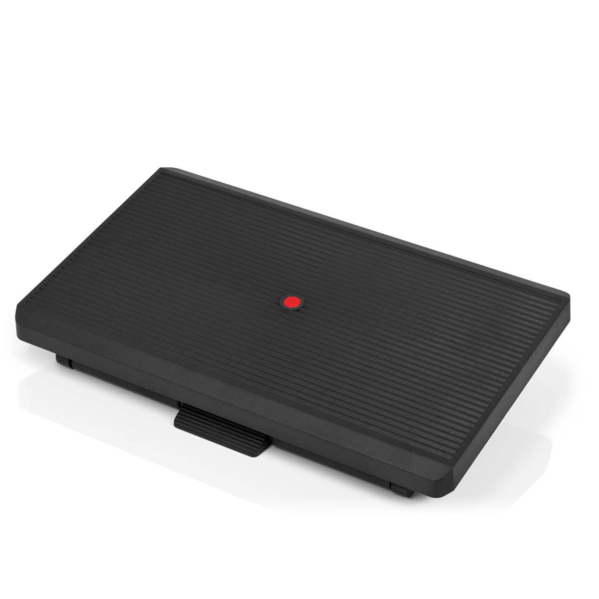 Reposapiés PIEDINO STRIPE PRO negro con superficie acanalada y botón rojo de hjh OFFICE – vista de 360° (vista frontal 0°)