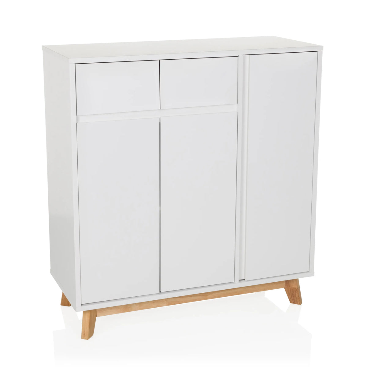 Cómoda blanca ESTHA con dos cajones, tres puertas y patas de madera clara de hjh LIVING – vista de 360° (vista frontal 15°)