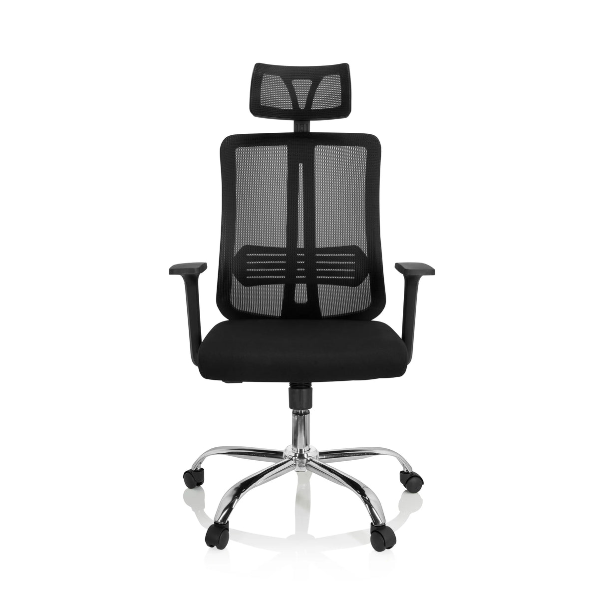 Silla Home Office ZH 200 negra con respaldo de malla y base de cinco ruedas de hjh OFFICE – vista de 360° (vista frontal 0°)