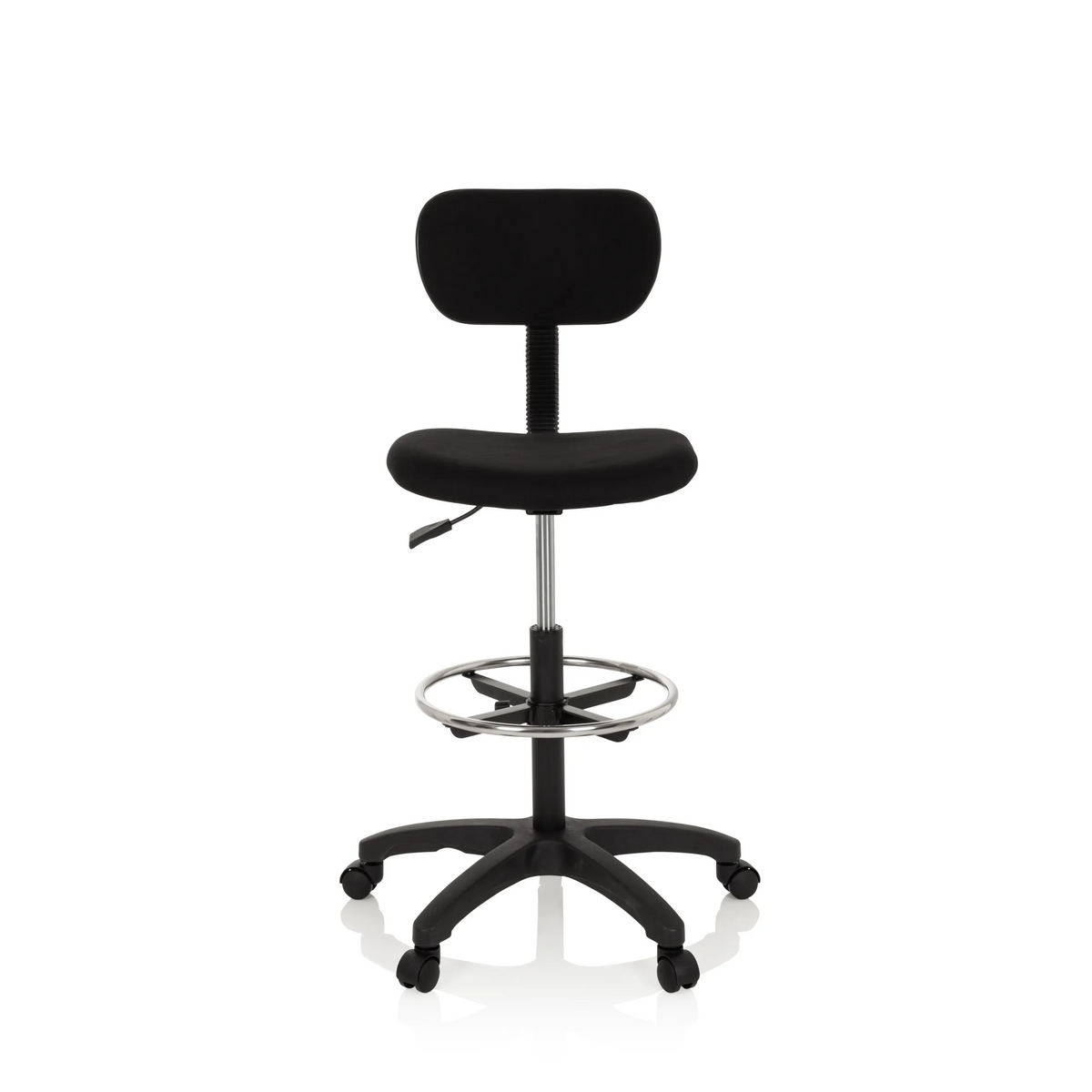Silla de mostrador TOP WORK 05 negra con reposapiés y base de cinco ruedas de hjh OFFICE – vista de 360° (vista frontal 0°)