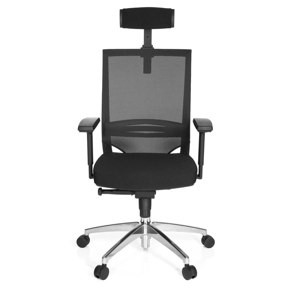 Silla de oficina profesional PORTO MAX HIGH negra con respaldo de malla, reposacabezas y base plateada de cinco ruedas de hjh OFFICE – vista de 360° (vista frontal 0°)