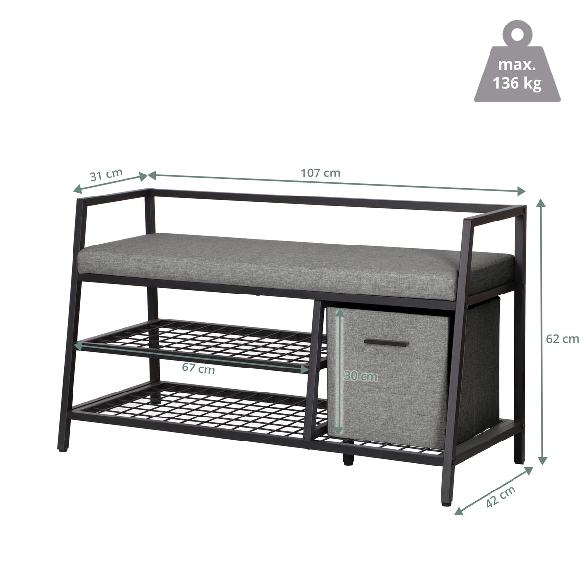 Dibujo dimensional del Armario zapatero Estha Loft con 107 × 62 cm y una capacidad de carga máxima de 136 kg de hjh LIVING