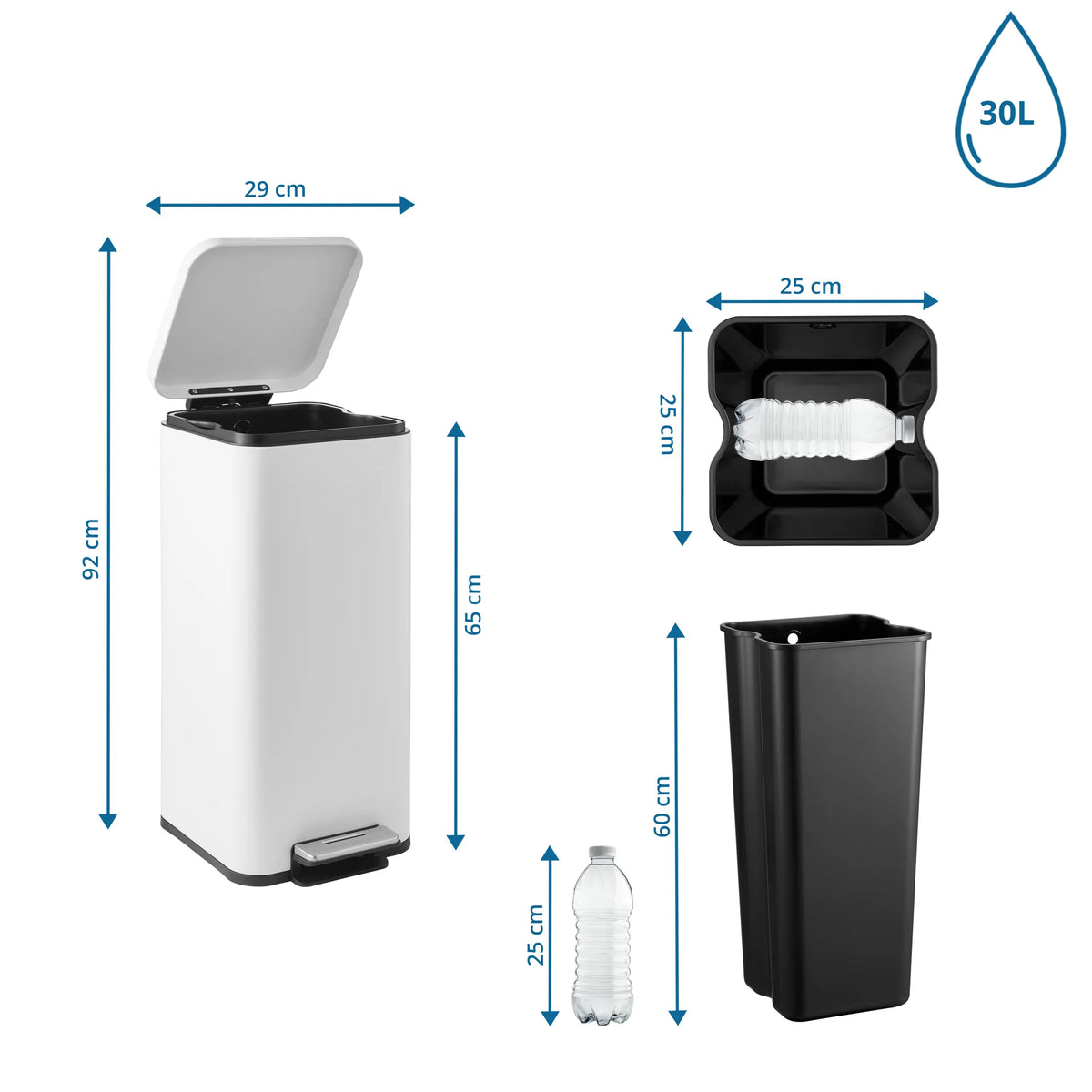Dibujo técnico de la papelera Clean Square con 92 cm de altura y 30 l de volumen de hjh OFFICE