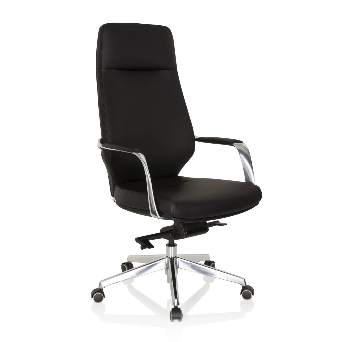 Sillón de oficina profesional VELVET negro con reposabrazos y base de cinco ruedas de hjh OFFICE – vista de 360° (vista frontal en diagonal 40°)