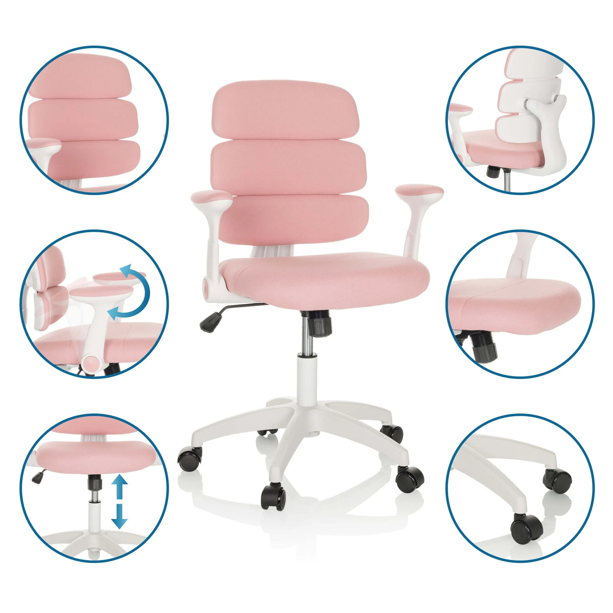 Silla giratoria para niños KID ERGOLINO W en rosa con varias vistas detalladas de las opciones de ajuste y las ruedas de hjh OFFICE