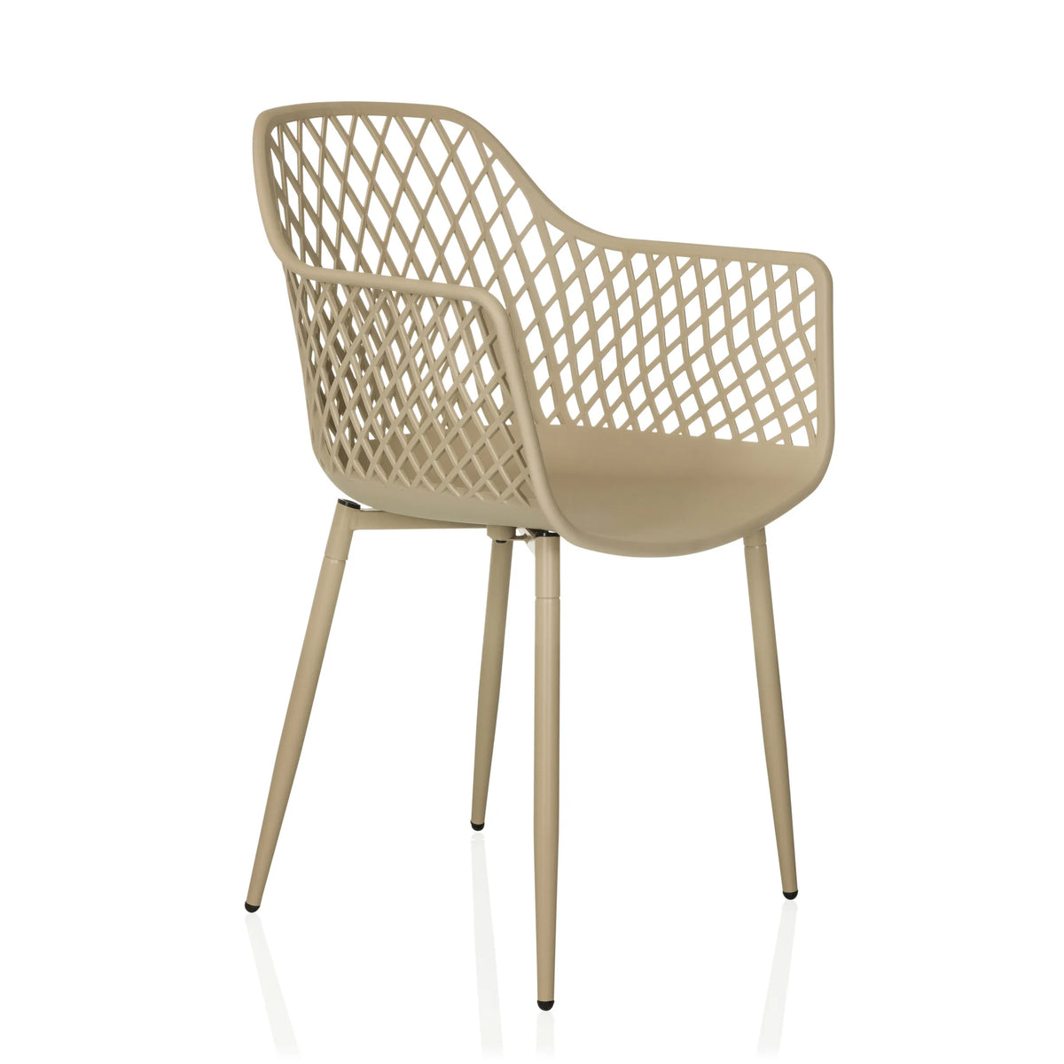 Silla de exterior beige BEGIO L con respaldo de malla y cuatro patas de hjh LIVING – vista de 360° (vista frontal en diagonal 45°)