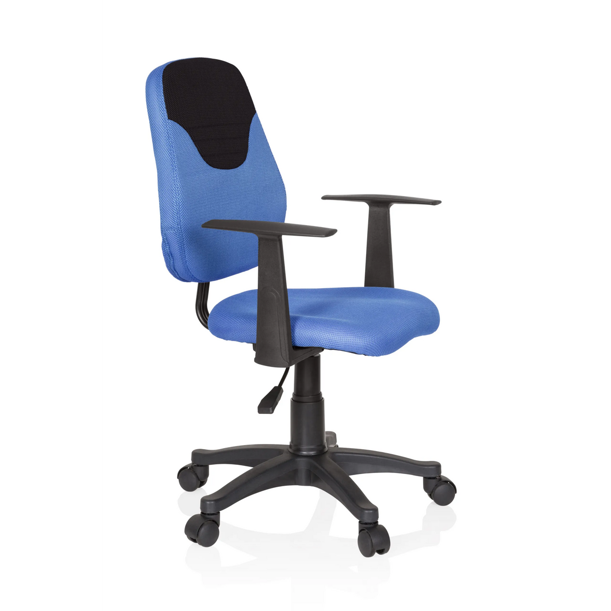 Silla giratoria para niños KIDDY STYLE azul con respaldo de malla, reposabrazos y base de cinco ruedas de hjh OFFICE – vista de 360° (vista frontal en diagonal 60°)