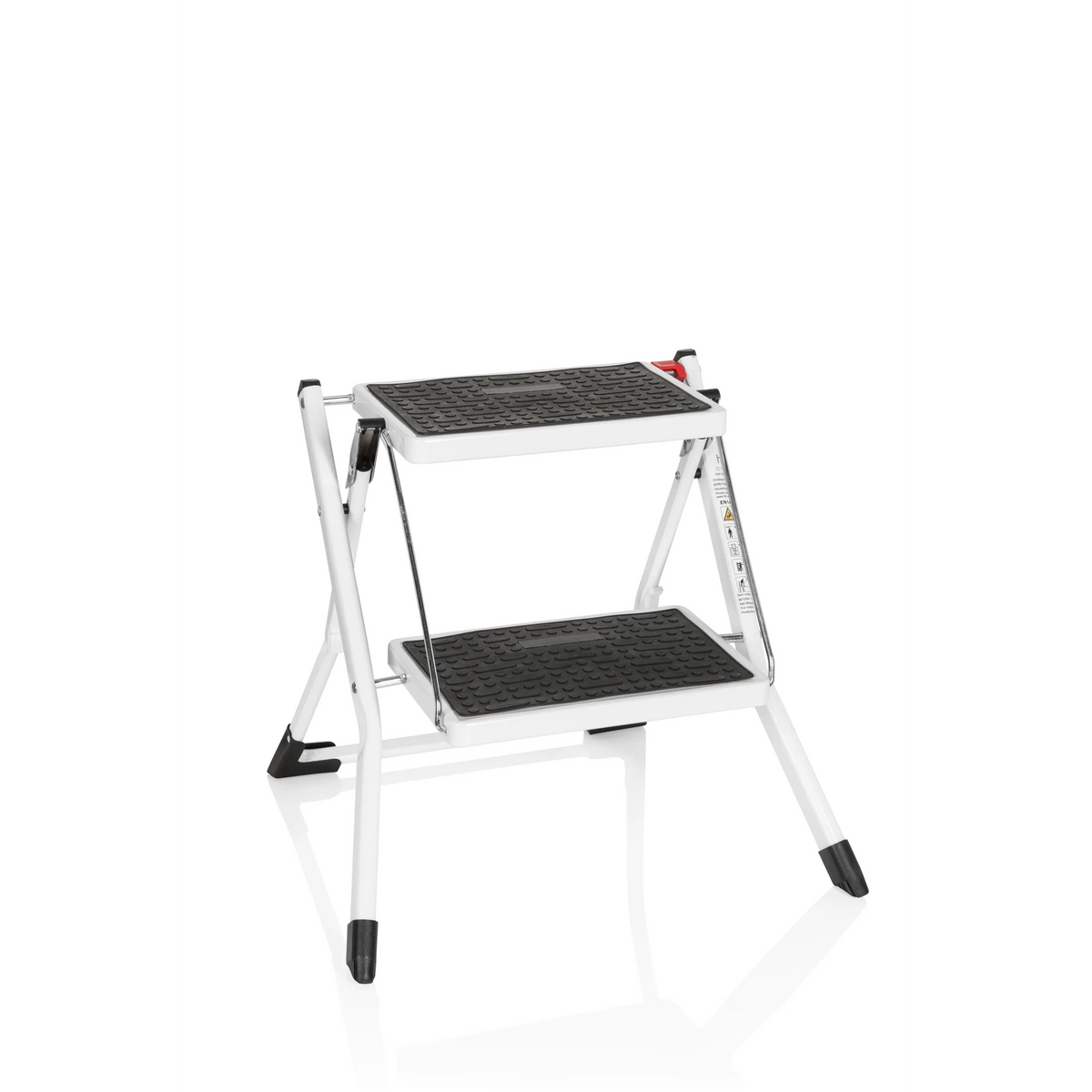 Escalera plegable SOLID W1 blanca con dos peldaños antideslizantes de hjh OFFICE – vista de 360° (vista frontal 20°)