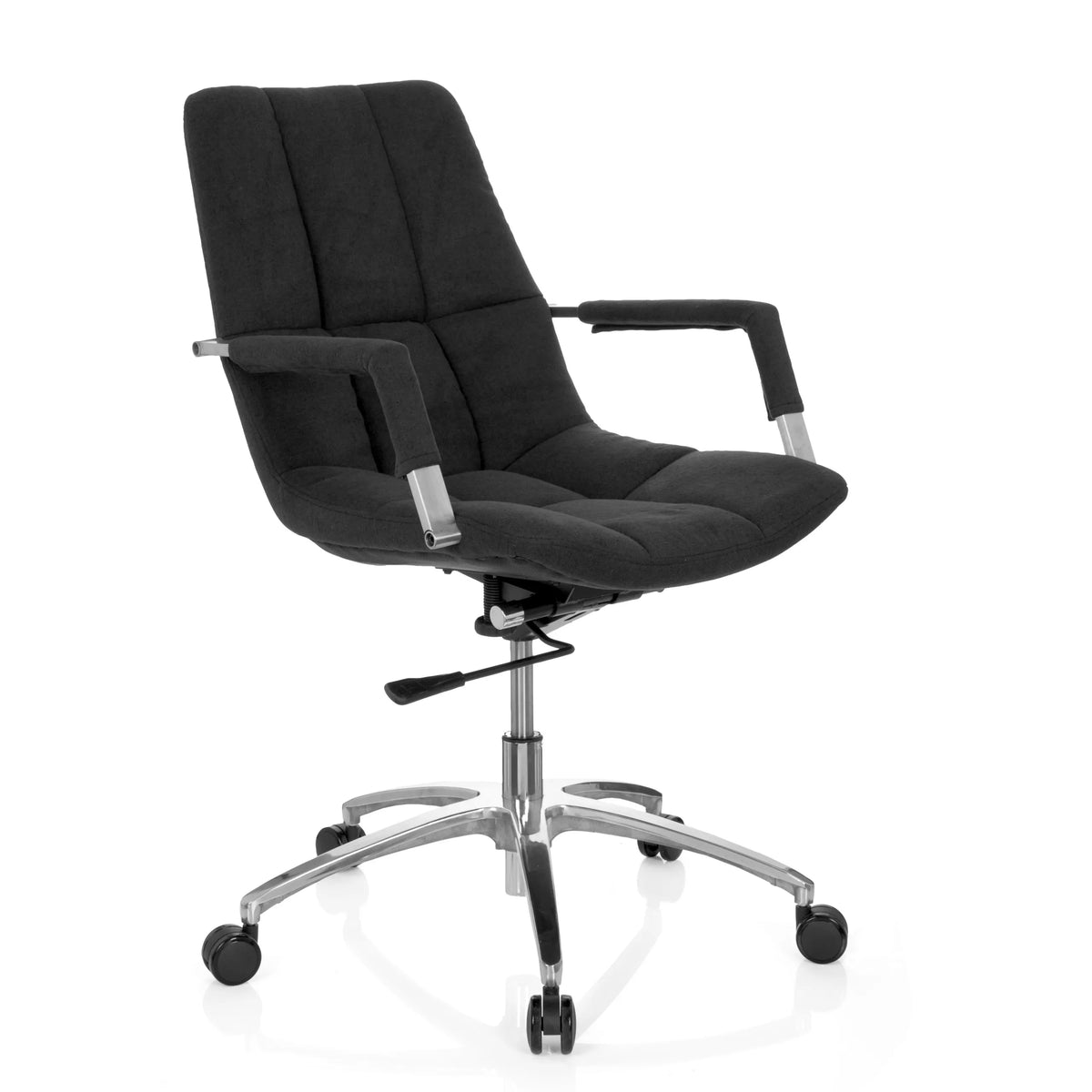 Silla Home Office SARANTO negra con tapizado de tela y base de cinco ruedas de hjh OFFICE – vista de 360° (vista frontal en diagonal 40°)