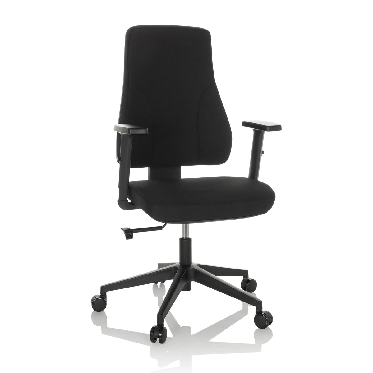 Silla de oficina profesional MATHES negra con reposabrazos y base de cinco ruedas de hjh OFFICE – vista de 360° (vista frontal 15°)