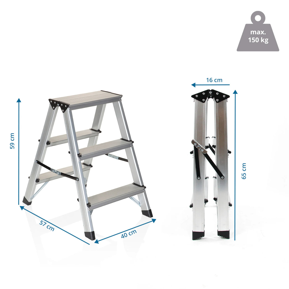 Plano dimensional de la Escalera plegable SOLID con una altura de 59 cm y una capacidad de carga de 150 kg de hjh OFFICE