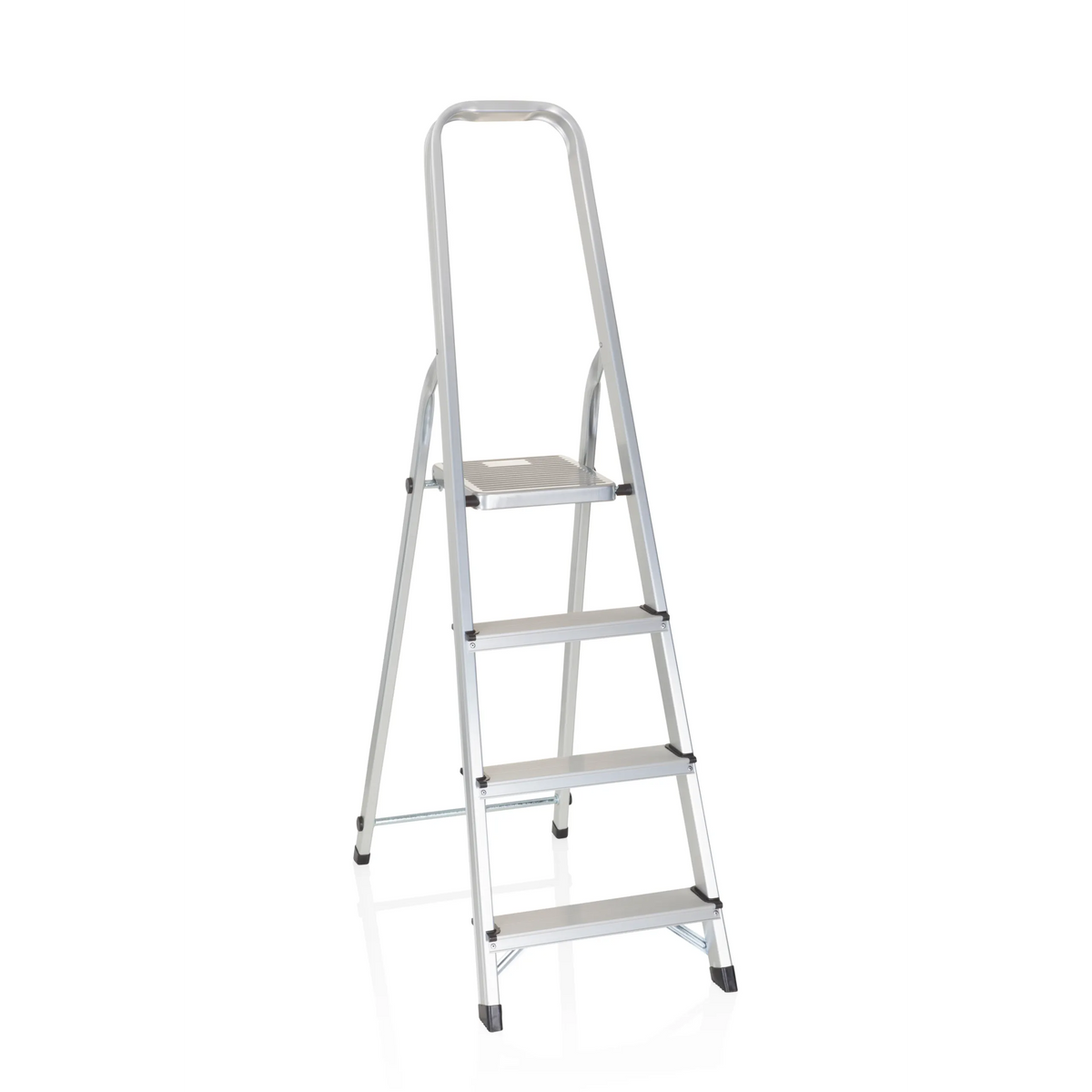 Escalera plegable SOLID II plateada de aluminio con cuatro peldaños y asa de hjh OFFICE – vista de 360° (vista frontal 20°)
