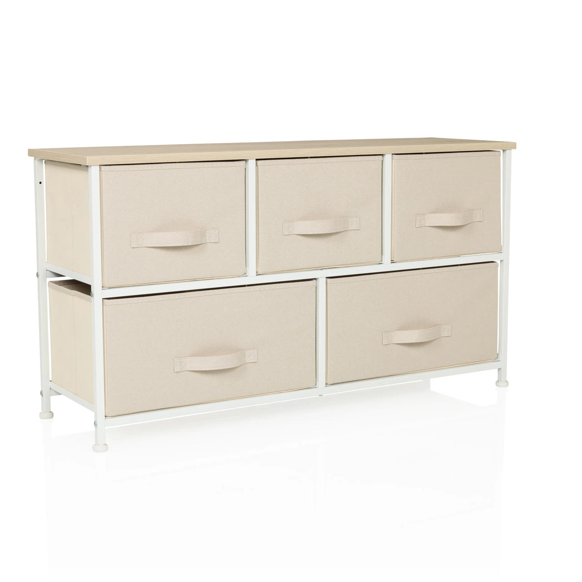 Cómoda beige FOLDAR con cinco cajones de tela y estructura blanca de hjh LIVING – vista de 360° (vista frontal en diagonal 30°)