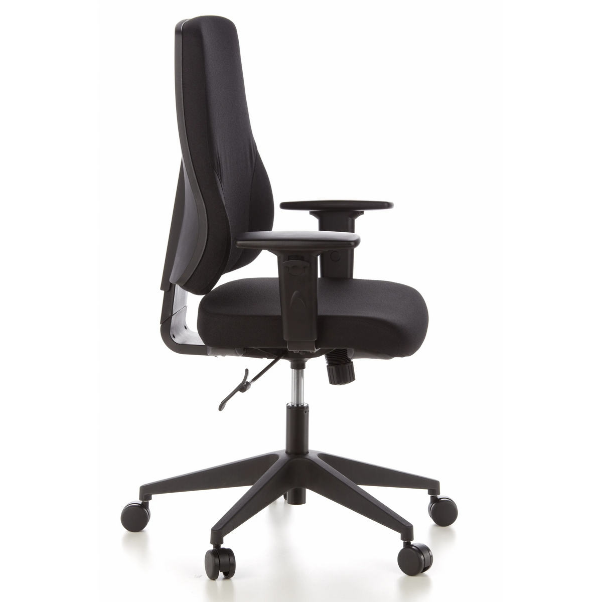 Schwarzer Profi-Bürostuhl PRO-TEC 100 mit Armlehnen und Fußkreuz mit fünf Rollen von hjh OFFICE – 360-Grad-Ansicht (Seitenprofil 80°)