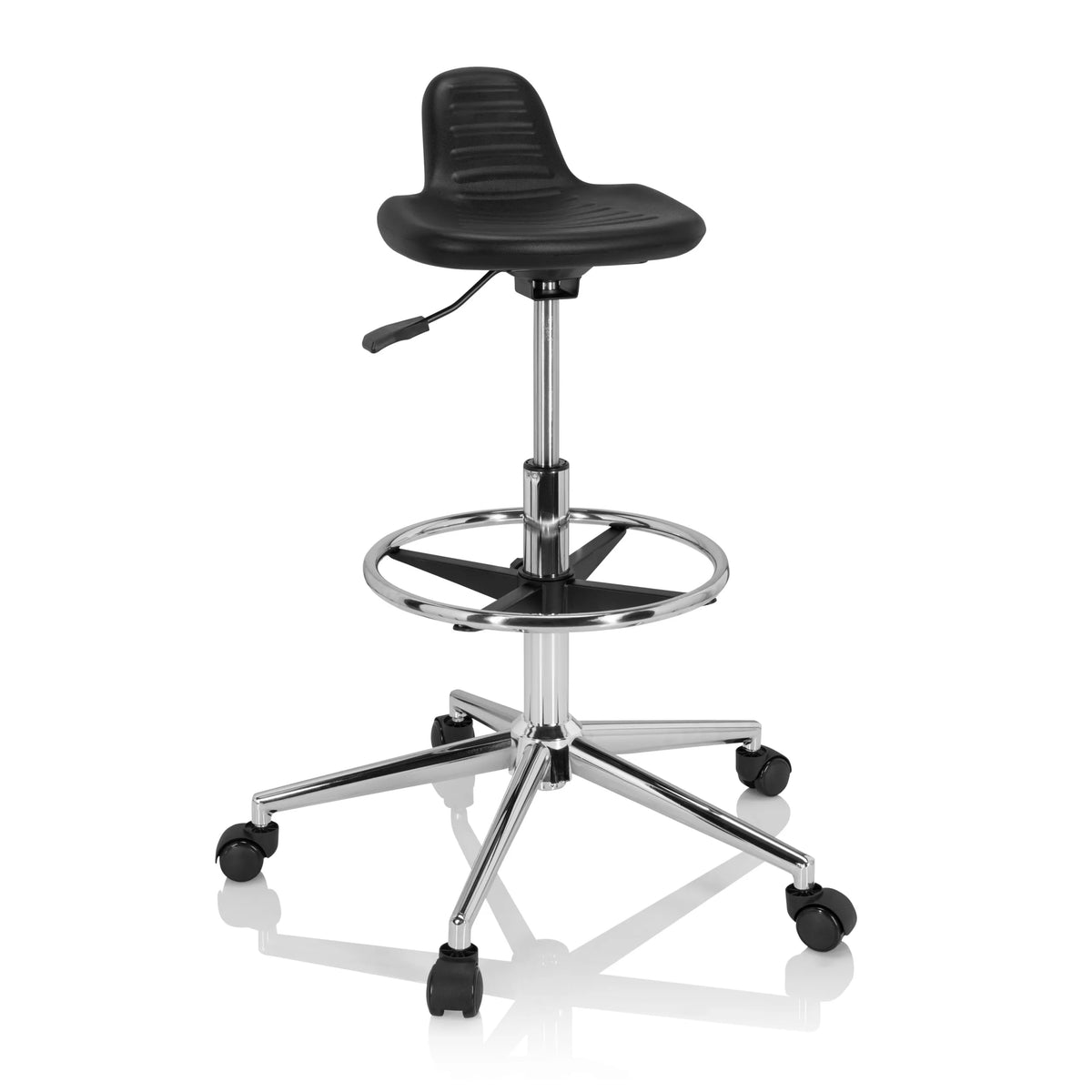 taburete giratorio negro TOP WORK 03 I con aro reposapiés y base de cinco ruedas de hjh OFFICE – vista de 360° (vista frontal 20°)