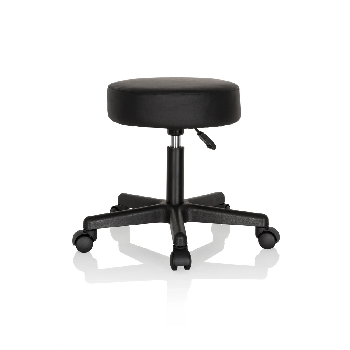 taburete giratorio negro OPERATOR I con asiento acolchado y base de cinco ruedas de hjh OFFICE – vista de 360° (vista frontal en diagonal 40°)
