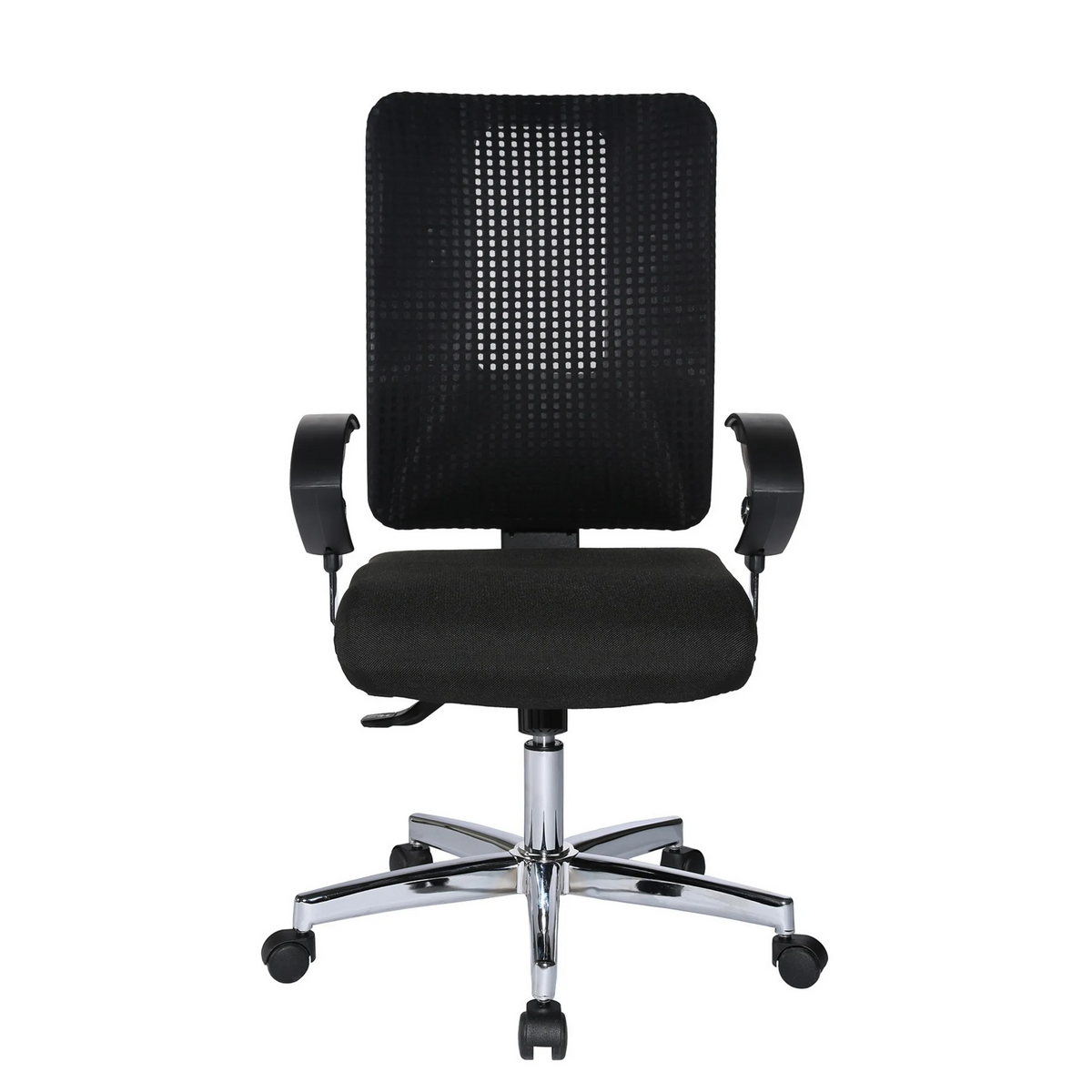 Silla de oficina profesional HJH SITNESS WORK negra con respaldo de malla, reposabrazos y base de cinco ruedas de Topstar – vista de 360° (vista frontal 0°)