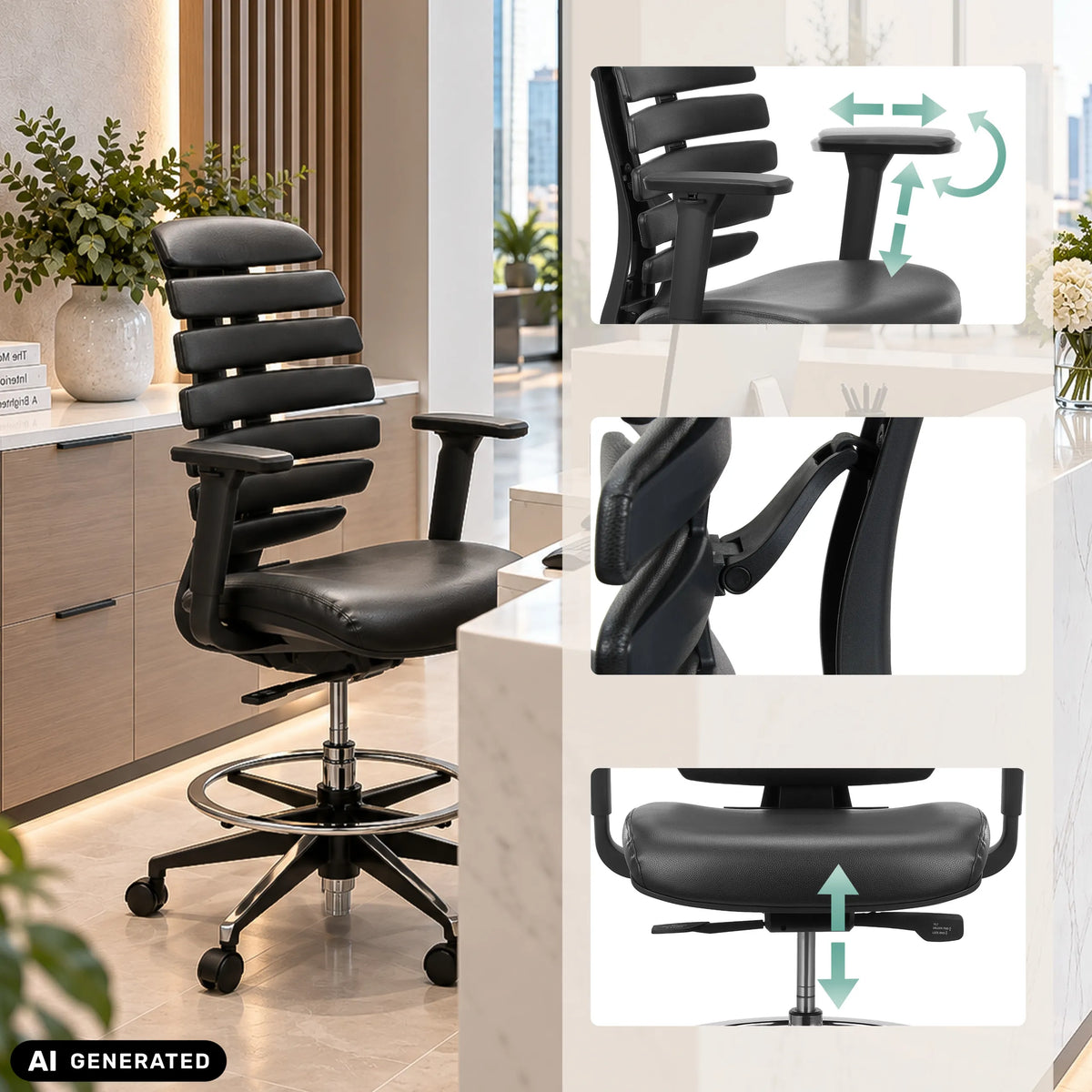 Reposabrazos y altura del asiento ajustables de la silla de mostrador ERGO LINE II WORK de hjh OFFICE (imagen generada por IA)