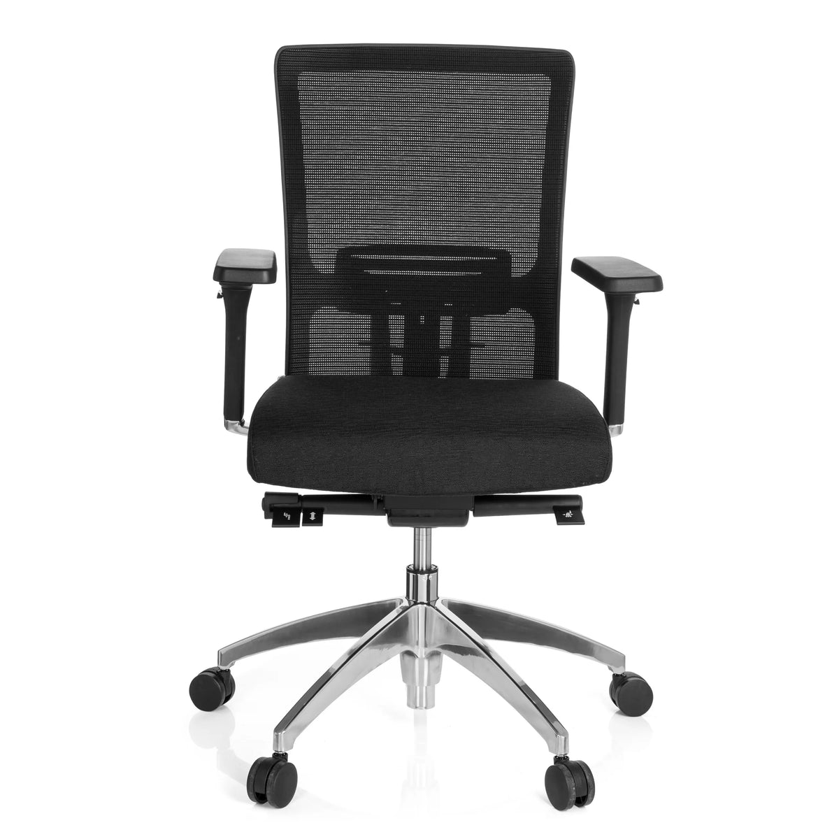 Silla de oficina profesional ASTRA BASE N negra con respaldo de malla y base brillante de cinco ruedas de hjh OFFICE – vista de 360° (vista frontal 0°)
