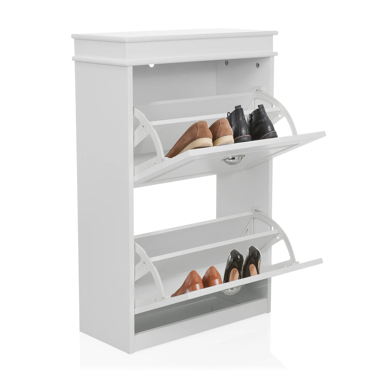 Armario zapatero ESTHA 2 blanco con dos compartimentos abatibles abiertos que contienen zapatos de hjh LIVING