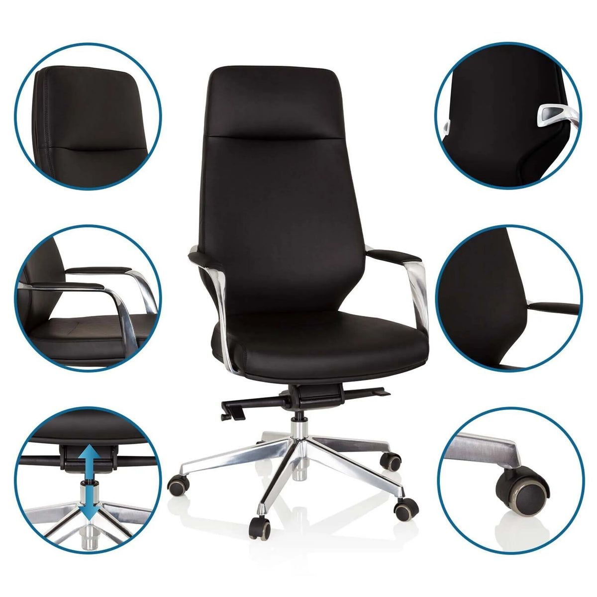 Sillón de oficina profesional VELVET negro con vistas detalladas de los reposabrazos, el pistón de gas y las ruedas de hjh OFFICE