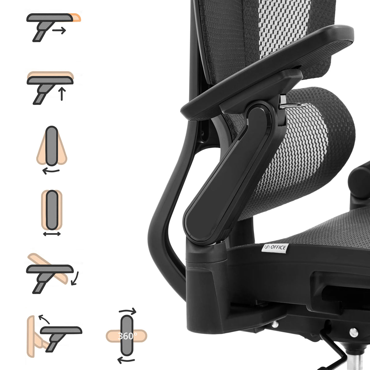 Reposabrazos multiajustable de la silla de oficina profesional Ergo U2 Pro3 con gráficos esquemáticos de funciones de hjh OFFICE