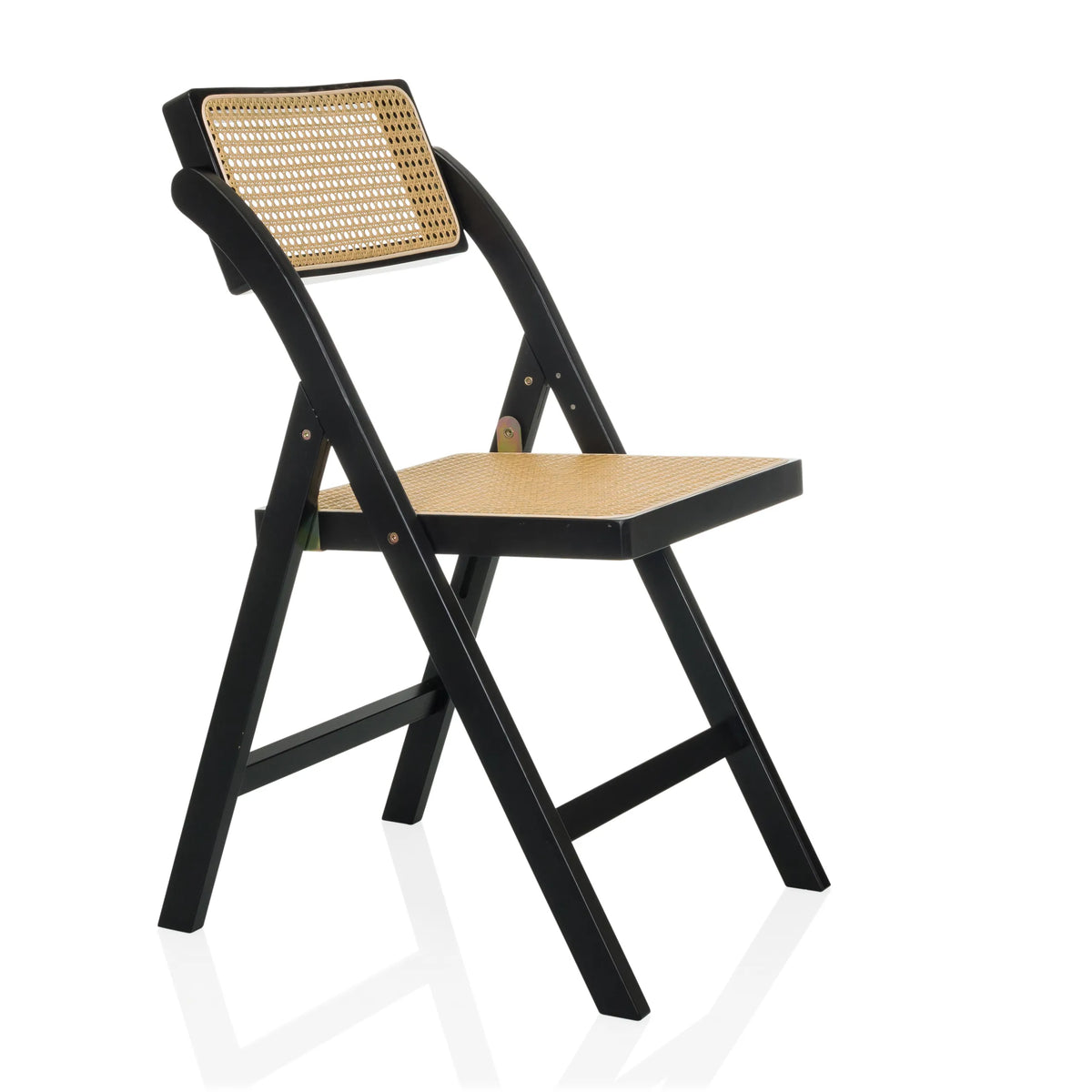 silla plegable TUDELA BAMBOO negra con asiento y respaldo de rejilla vienesa marrón de hjh LIVING – vista de 360° (vista frontal en diagonal 60°)