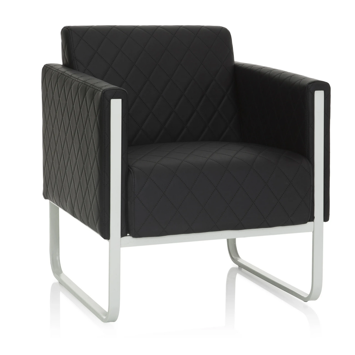 Sillón tapizado negro ARUBA STEP con costuras de diamante y estructura plateada de hjh OFFICE – vista de 360° (vista frontal 20°)