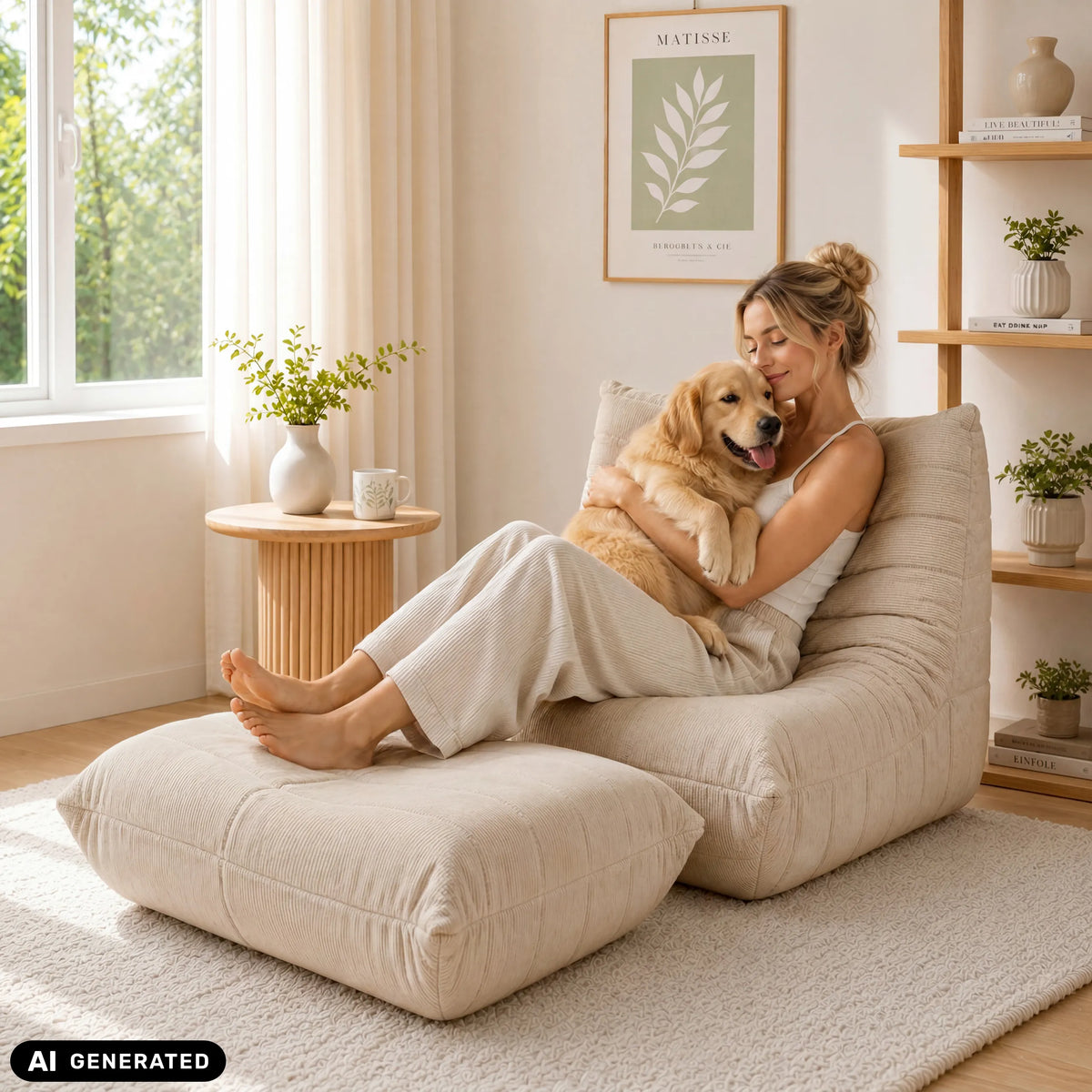 Puf Sitzolo Podi beige con reposapiés a juego de hjh LIVING (imagen generada por IA)