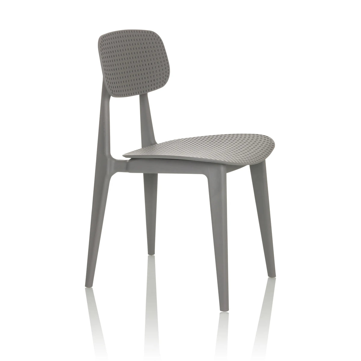 Silla de exterior gris ARTIFO HOL con respaldo y asiento perforados de hjh OFFICE – vista de 360° (vista frontal en diagonal 60°)
