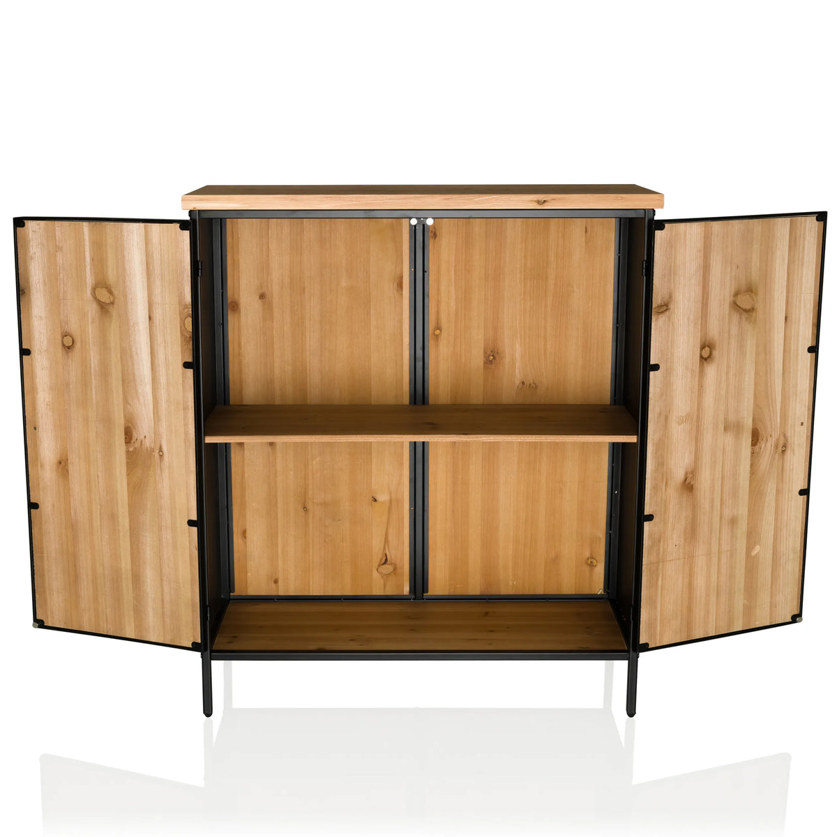 Compartimento abierto con un estante de la Cómoda SANTJAGO BLACK SUN XL en aspecto madera con estructura negra de hjh LIVING