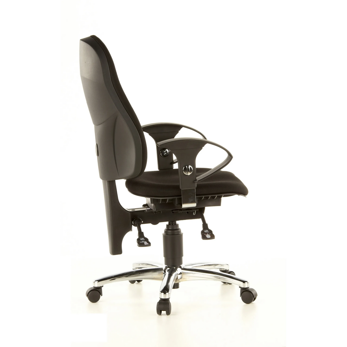 Silla de oficina profesional SITNESS 10 negra con reposabrazos y base de cinco ruedas de Topstar – vista de 360° (vista lateral 100°)
