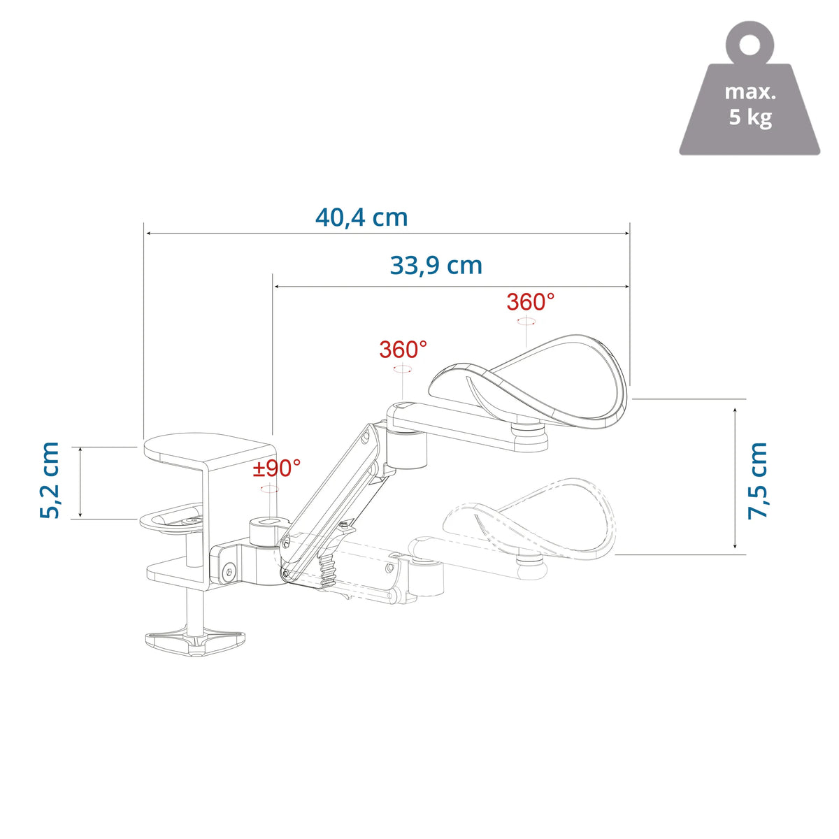 Dibujo técnico del Apoyabrazos RELEX RT1 con una longitud de 40,4 cm y una capacidad de carga de 5 kg de hjh OFFICE