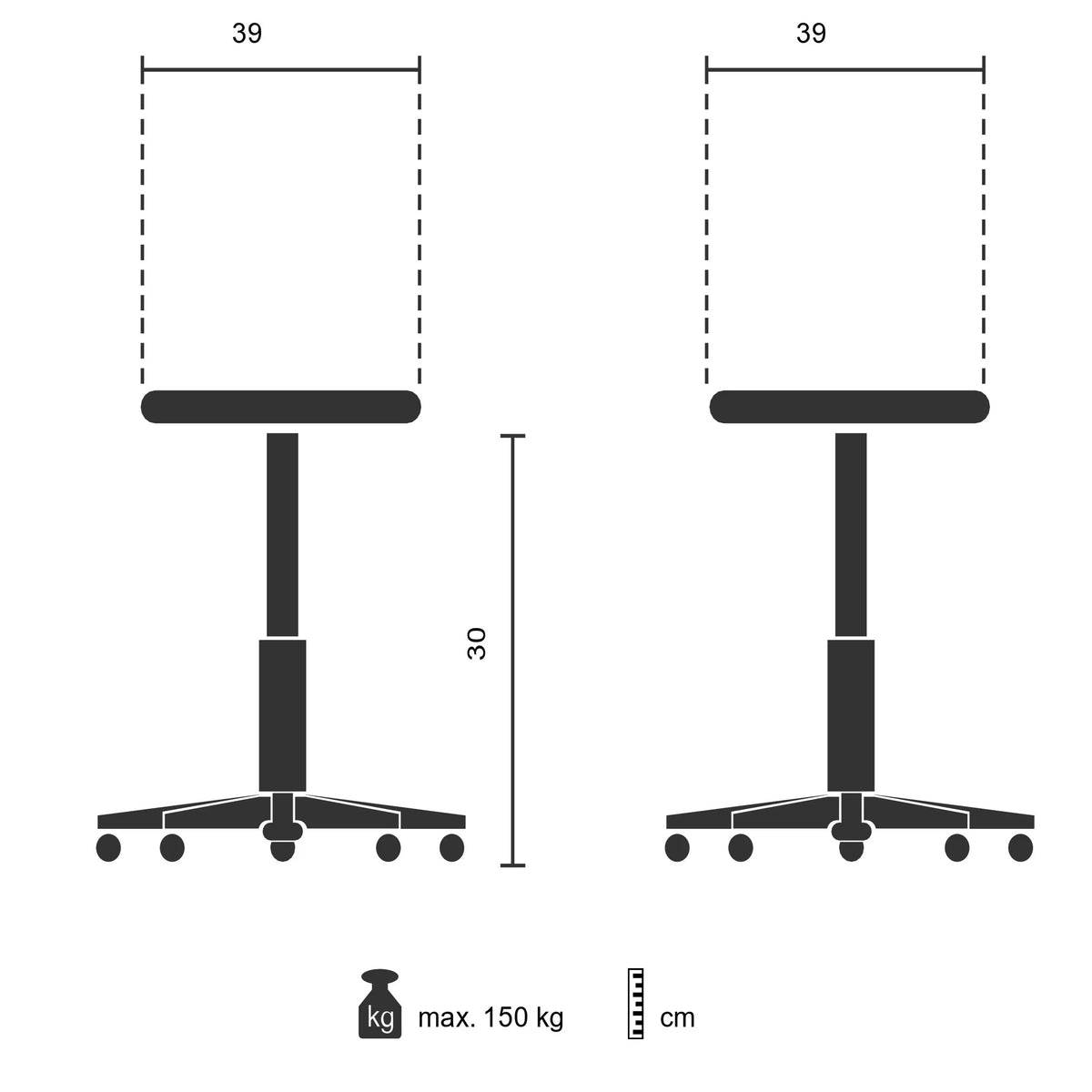 Dibujo técnico del taburete bajo TIO-S con un ancho de 39 cm de hjh OFFICE