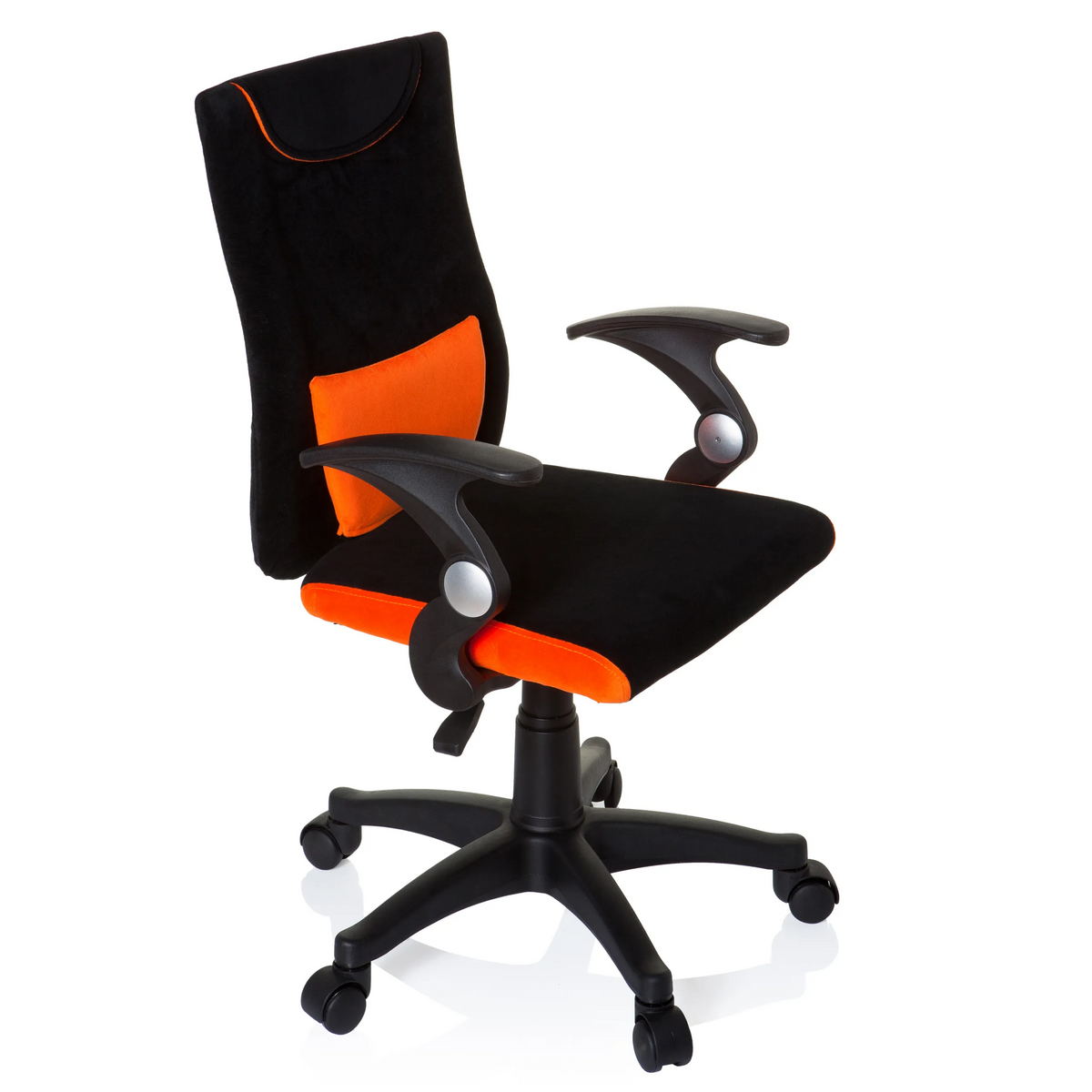 Silla giratoria para niños KIDDY PRO AL en color negro y naranja con cojín lumbar y base de cinco ruedas de hjh OFFICE – vista de 360° (vista frontal en diagonal 60°)