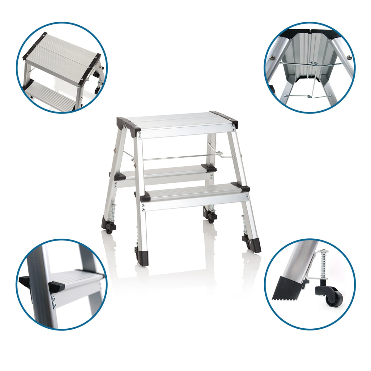 Escalera plegable de dos peldaños SOLID VI de aluminio con ruedas y bloqueo de seguridad de hjh OFFICE