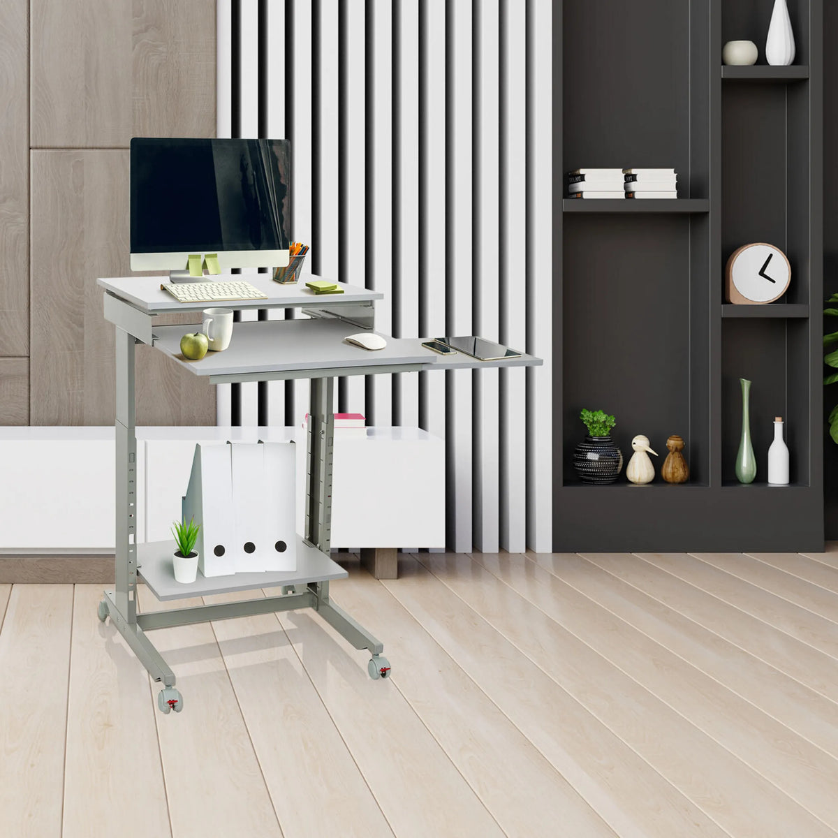 Escritorio de pie WORKSTATION gris con dos niveles, superficie de almacenamiento y ruedas de hjh OFFICE