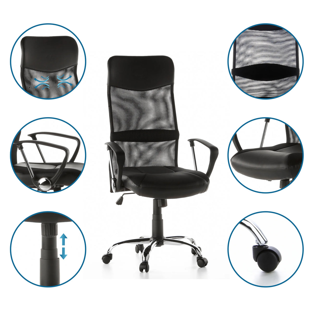 Sillón de oficina Home Office STRYKA de cuero sintético y malla con vistas detalladas de hjh OFFICE