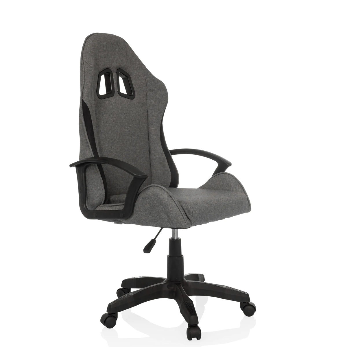 Silla gaming GAMEBREAKER W01 gris con dos aberturas para el reposacabezas y base de cinco ruedas de MyBuero – vista de 360° (vista frontal en diagonal 45°)