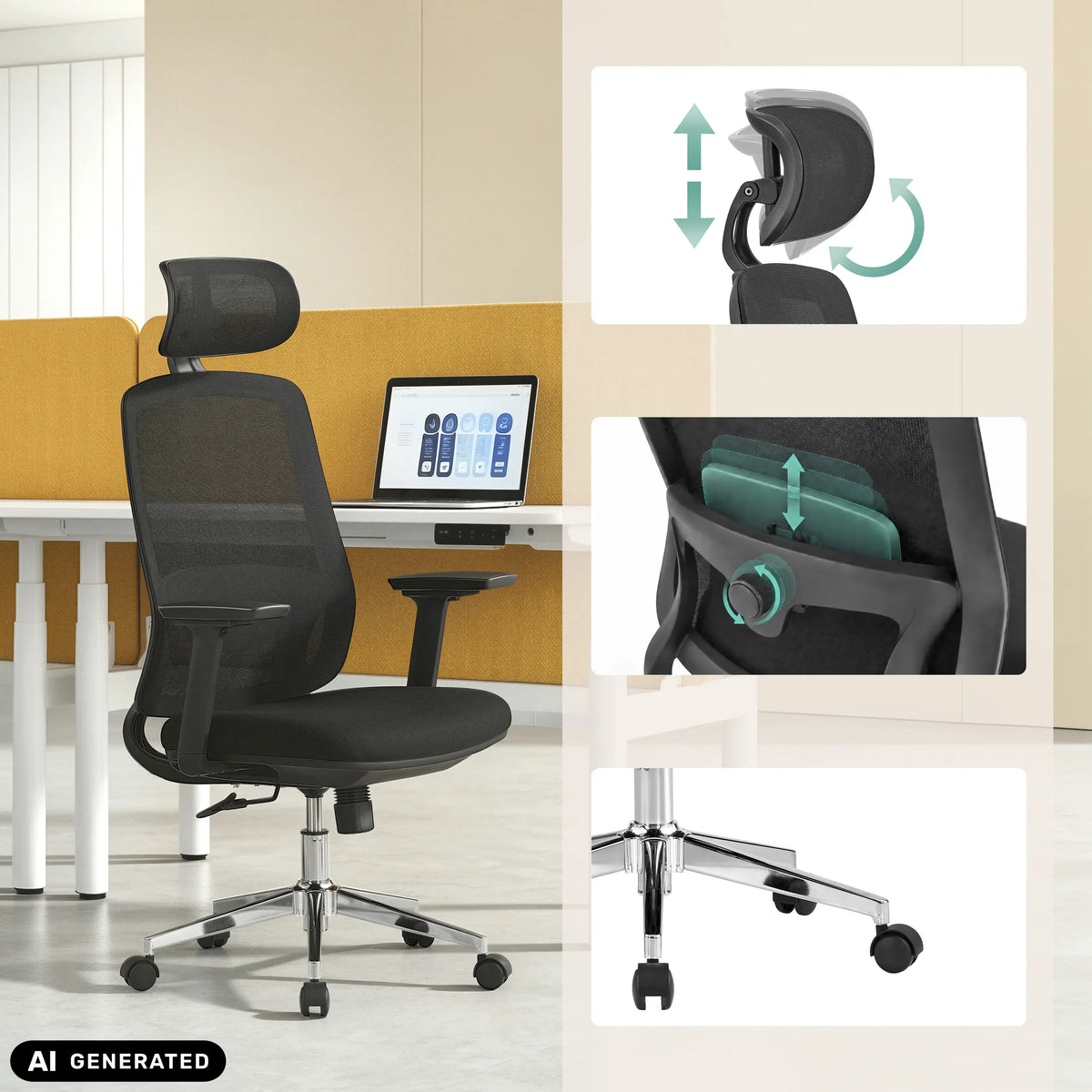 Silla de oficina profesional Ergosento en negro con reposacabezas y soporte lumbar ajustables de hjh OFFICE (imagen generada por IA)