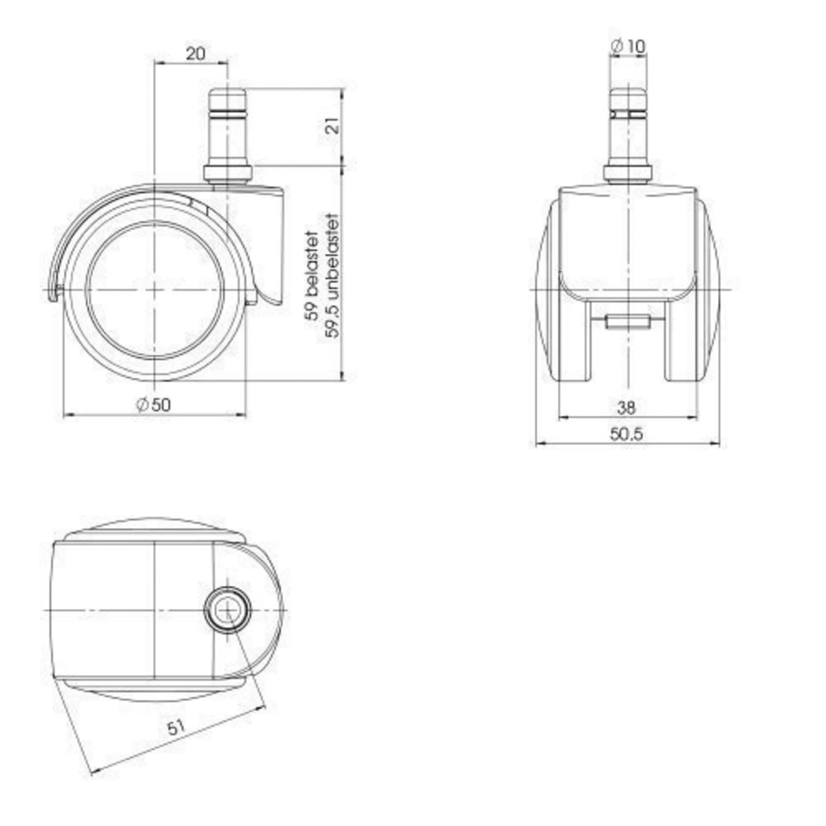 Dibujo técnico de las ruedas para sillas 5x ROLO EASY 10mm/50mm con un diámetro de 50 mm de hjh OFFICE