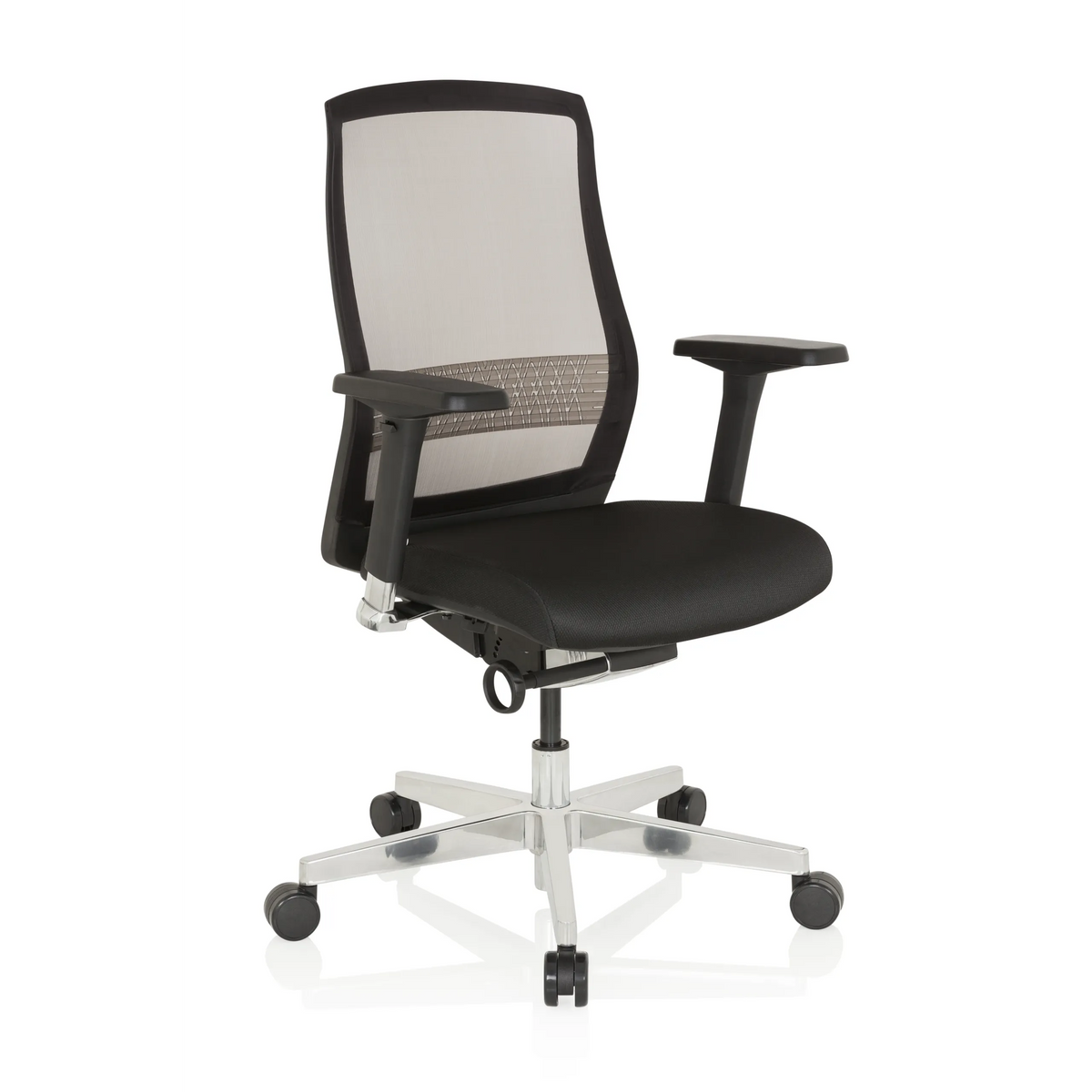 Silla alta gama FOUNTAINE negra con respaldo de malla y base de cinco ruedas de hjh OFFICE – vista de 360° (vista frontal en diagonal 40°)