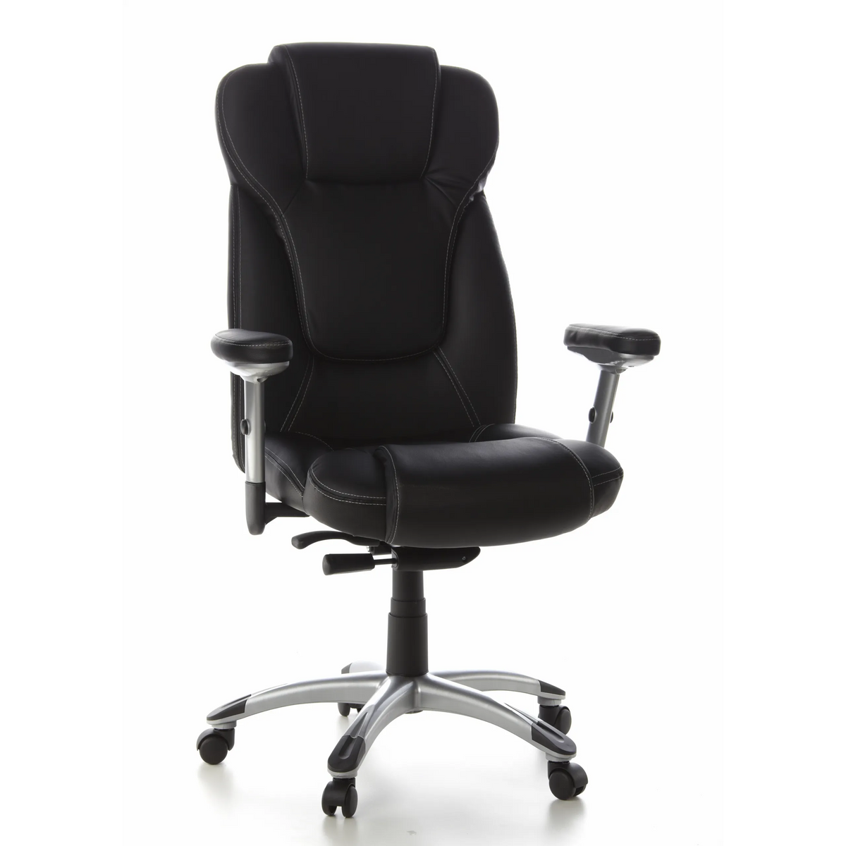 Sillón de oficina profesional EMBASSY 200 L negro con reposabrazos y base plateada de cinco ruedas de hjh OFFICE – vista de 360° (vista frontal 20°)