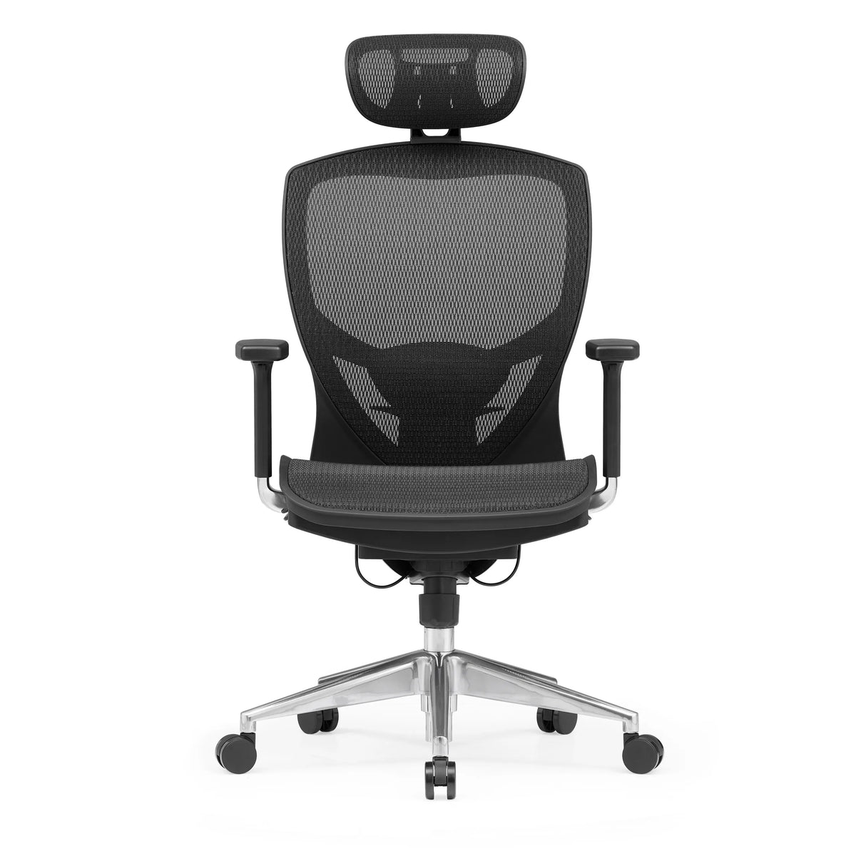 Silla alta gama VENUS ONE negra con respaldo de malla y base de cinco ruedas de hjh OFFICE – vista de 360° (vista frontal 0°)