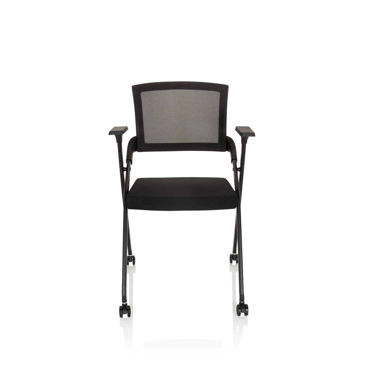 Silla plegable PRIORITY II negra con respaldo de malla, reposabrazos y cuatro ruedas de hjh OFFICE – vista de 360° (vista frontal 0°)