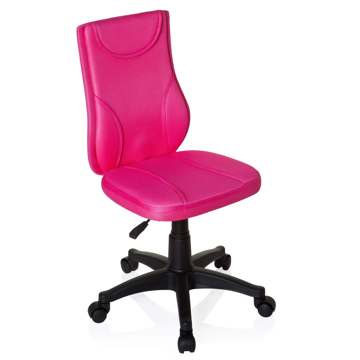 Silla giratoria para niños KIDDY BASE rosa con respaldo de malla y base negra de cinco ruedas de hjh OFFICE – vista de 360° (vista frontal en diagonal 40°)