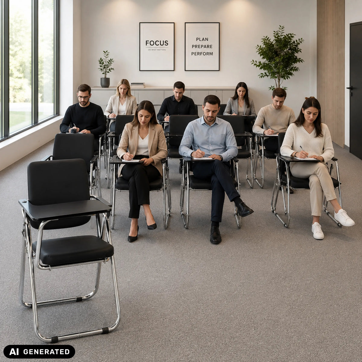 Silla plegable Esto T negra con tableta integrada y estructura metálica en una sala de formación de hjh OFFICE