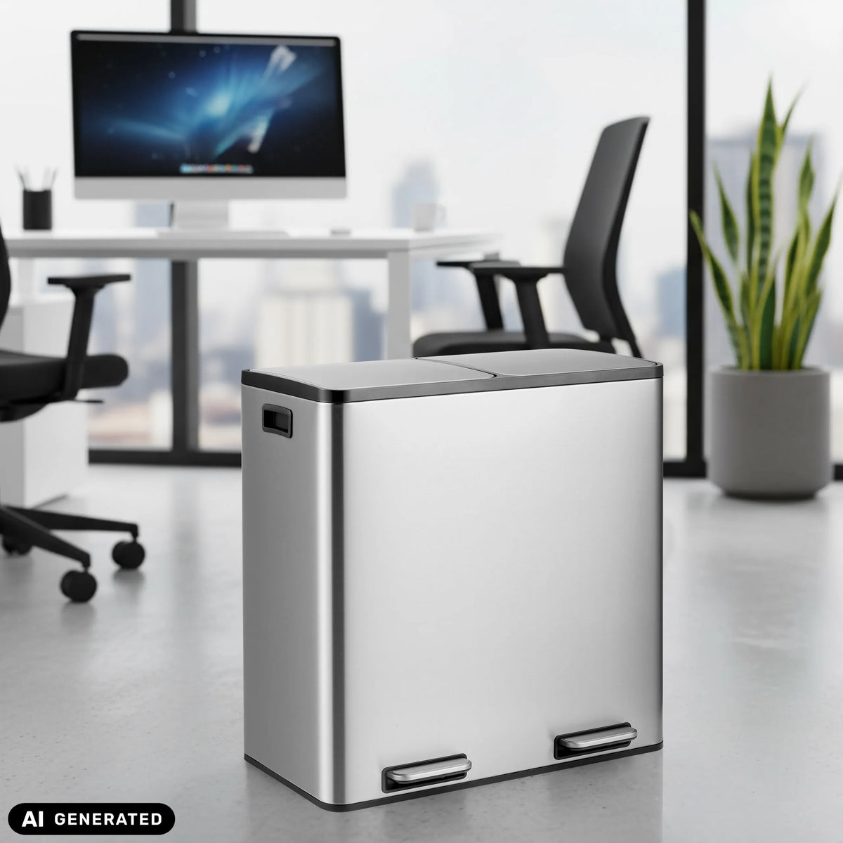 Silberner Mülleimer Clean 13 S mit schwarzem Deckel von hjh OFFICE (KI-generiertes Bild)