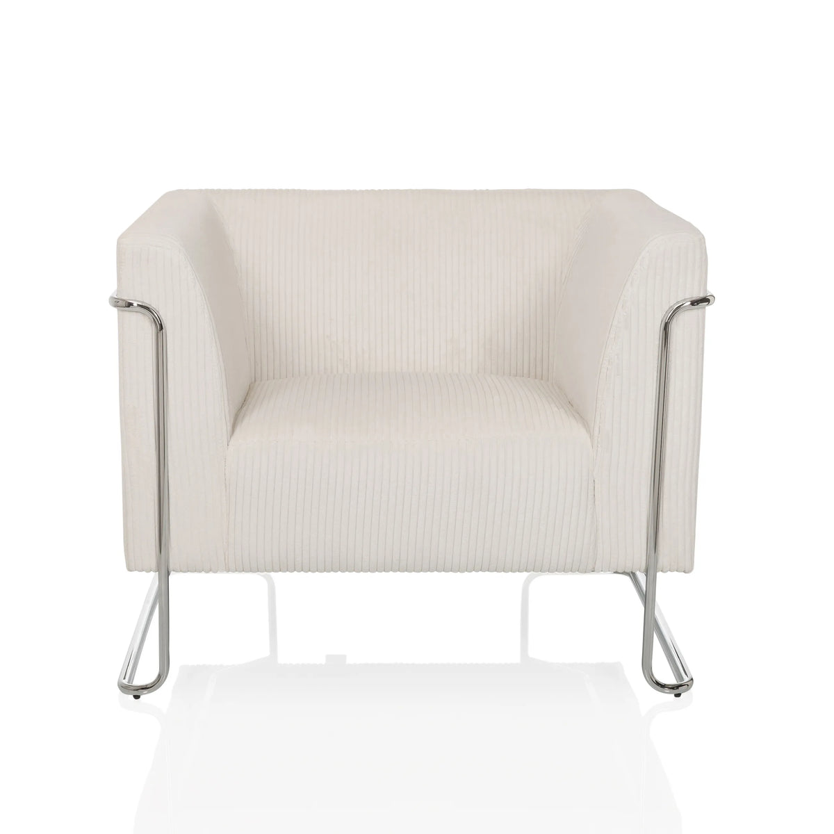 Weißer Loungesessel Curacao Cord mit geripptem Bezug und verchromtem Gestell von hjh LIVING – 360-Grad-Ansicht (Frontansicht 0°)